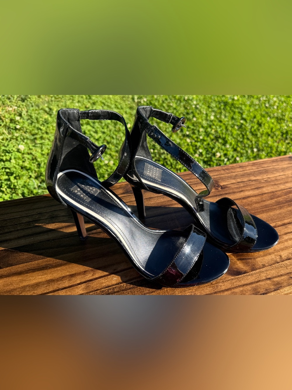 White House Black Market Black Patent Ankle-Strap Heeled Sandals